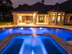 pool with a waterfall at night with custom lighting