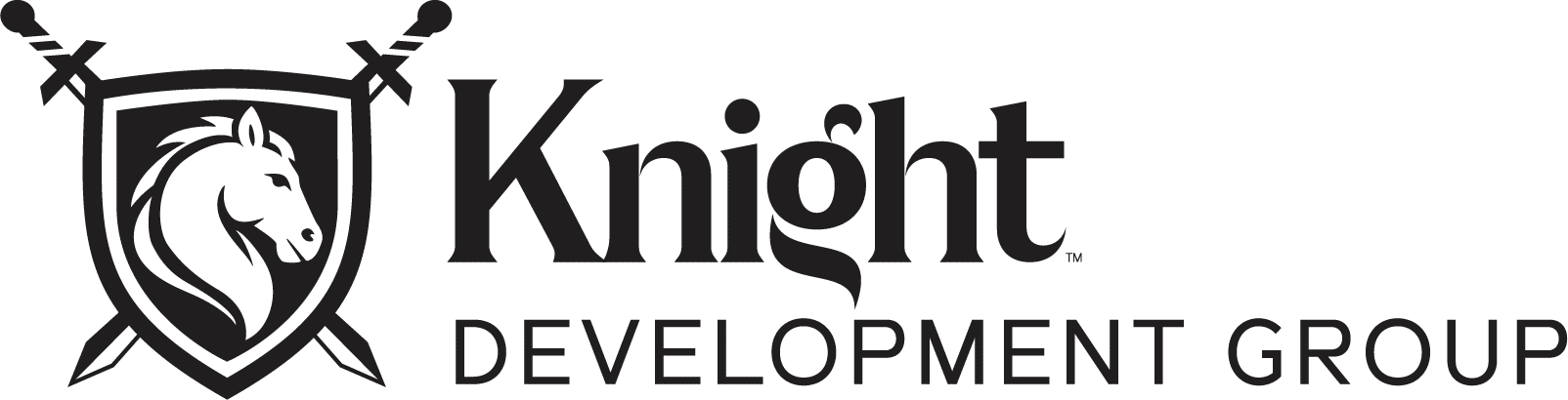 All black Knight Development Group Logo shield with two swords crossig behind it